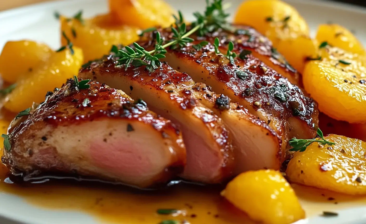 Magret de Canard à l'Orange et Miel présenté sur une assiette élégante