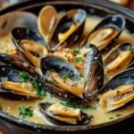 Mouclade Charentaise servie chaude avec sauce au curry et persil frais