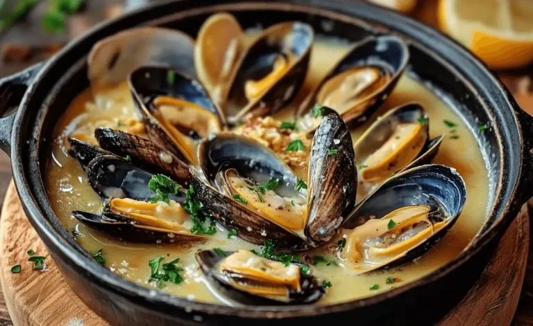 Mouclade Charentaise servie chaude avec sauce au curry et persil frais