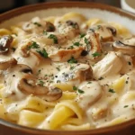 Pâtes crémeuses avec poulet, champignons et sauce au parmesan servies dans une assiette élégante