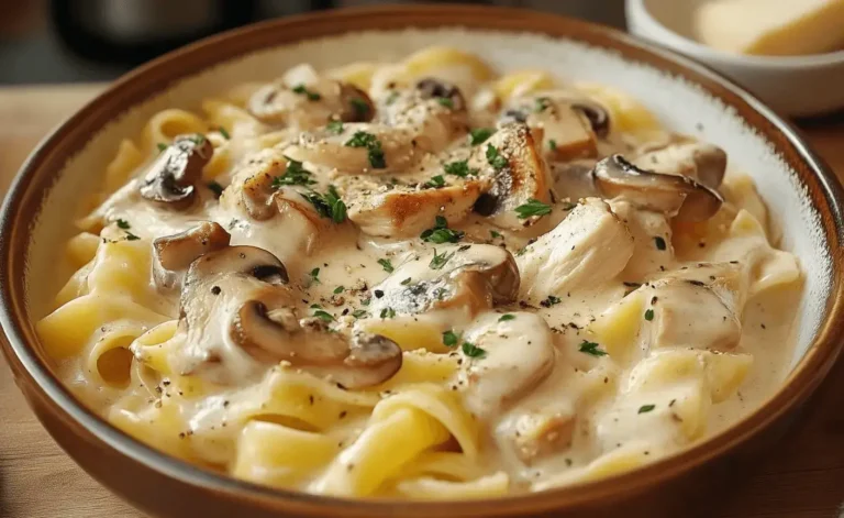 Pâtes crémeuses avec poulet, champignons et sauce au parmesan servies dans une assiette élégante