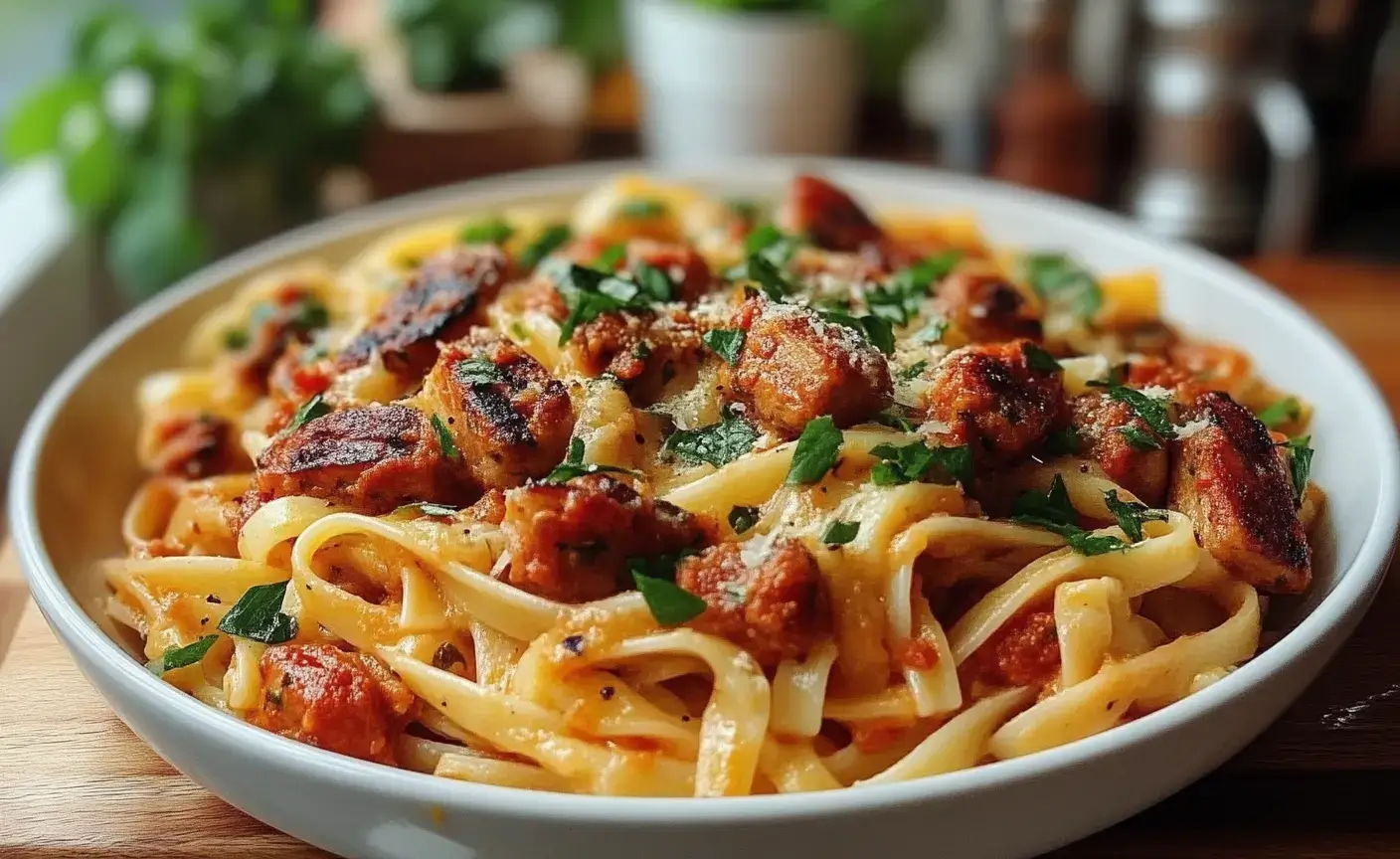 Assiette de pâtes aux merguez avec sauce tomate épicée et herbes fraîches