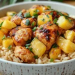 Assiette de poulet à l’ananas avec riz blanc et poivrons colorés, plat sucré-salé exotique