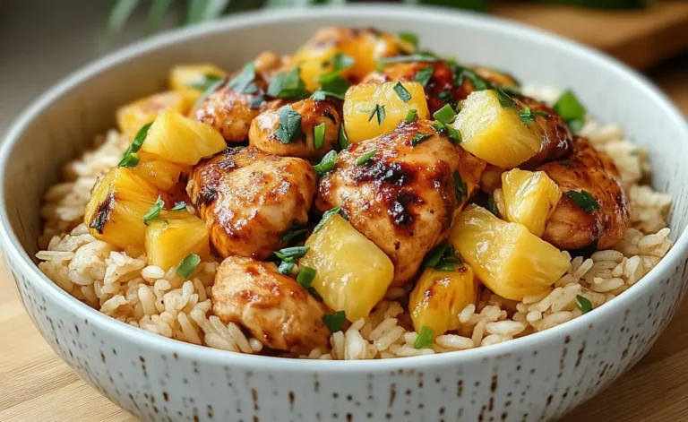 Assiette de poulet à l’ananas avec riz blanc et poivrons colorés, plat sucré-salé exotique