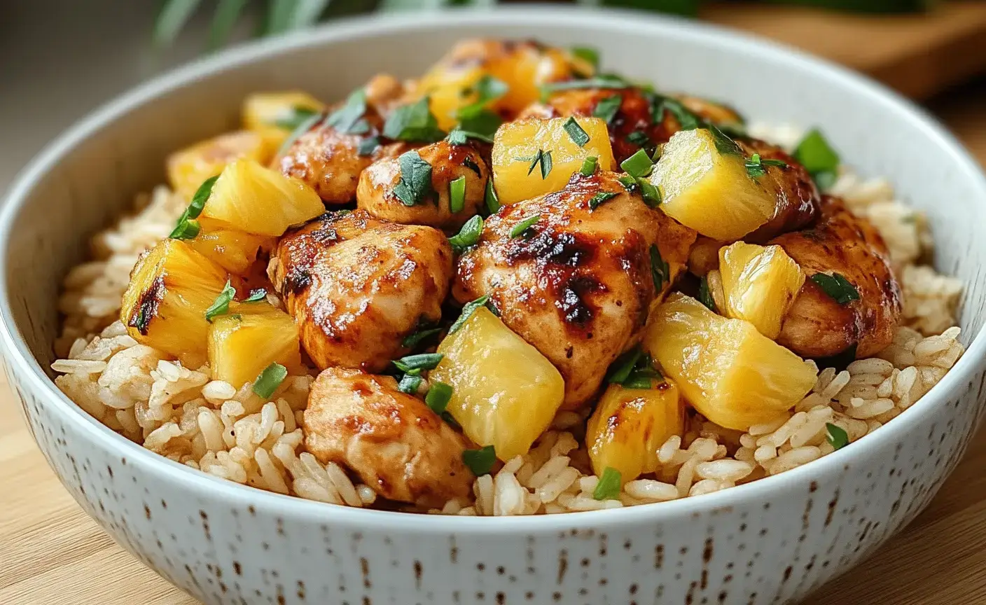 Assiette de poulet à l’ananas avec riz blanc et poivrons colorés, plat sucré-salé exotique