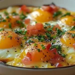 Œufs à l’Espagnole dans une poêle avec poivrons rouges, tomates et persil frais