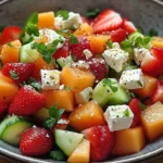 Salade fraîche aux fraises, melon, concombre et feta servie avec vinaigrette sucrée et menthe