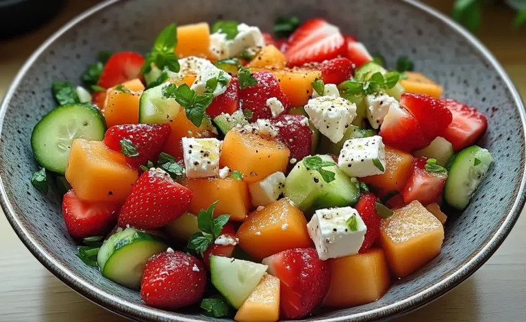 Salade fraîche aux fraises, melon, concombre et feta servie avec vinaigrette sucrée et menthe