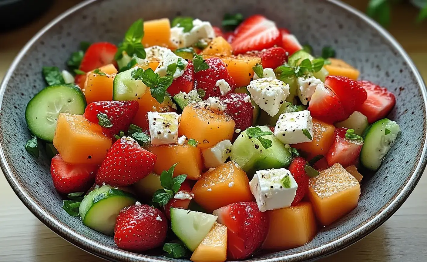 Salade fraîche aux fraises, melon, concombre et feta servie avec vinaigrette sucrée et menthe