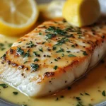 Sauce crémeuse au citron servie sur filet de poisson avec persil frais