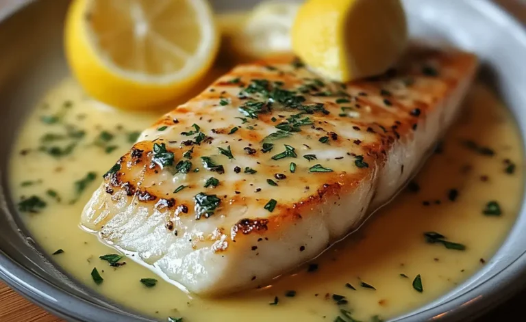 Sauce crémeuse au citron servie sur filet de poisson avec persil frais