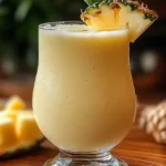 Smoothie Piña Colada frais dans un verre décoré avec tranche d’ananas et paille tropicale
