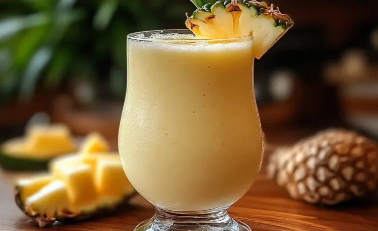 Smoothie Piña Colada frais dans un verre décoré avec tranche d’ananas et paille tropicale