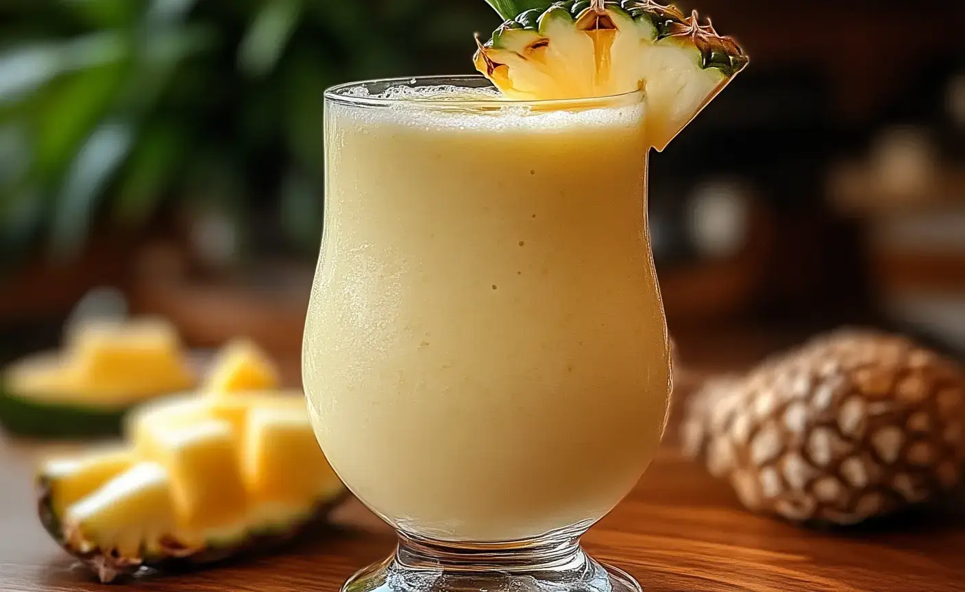 Smoothie Piña Colada frais dans un verre décoré avec tranche d’ananas et paille tropicale
