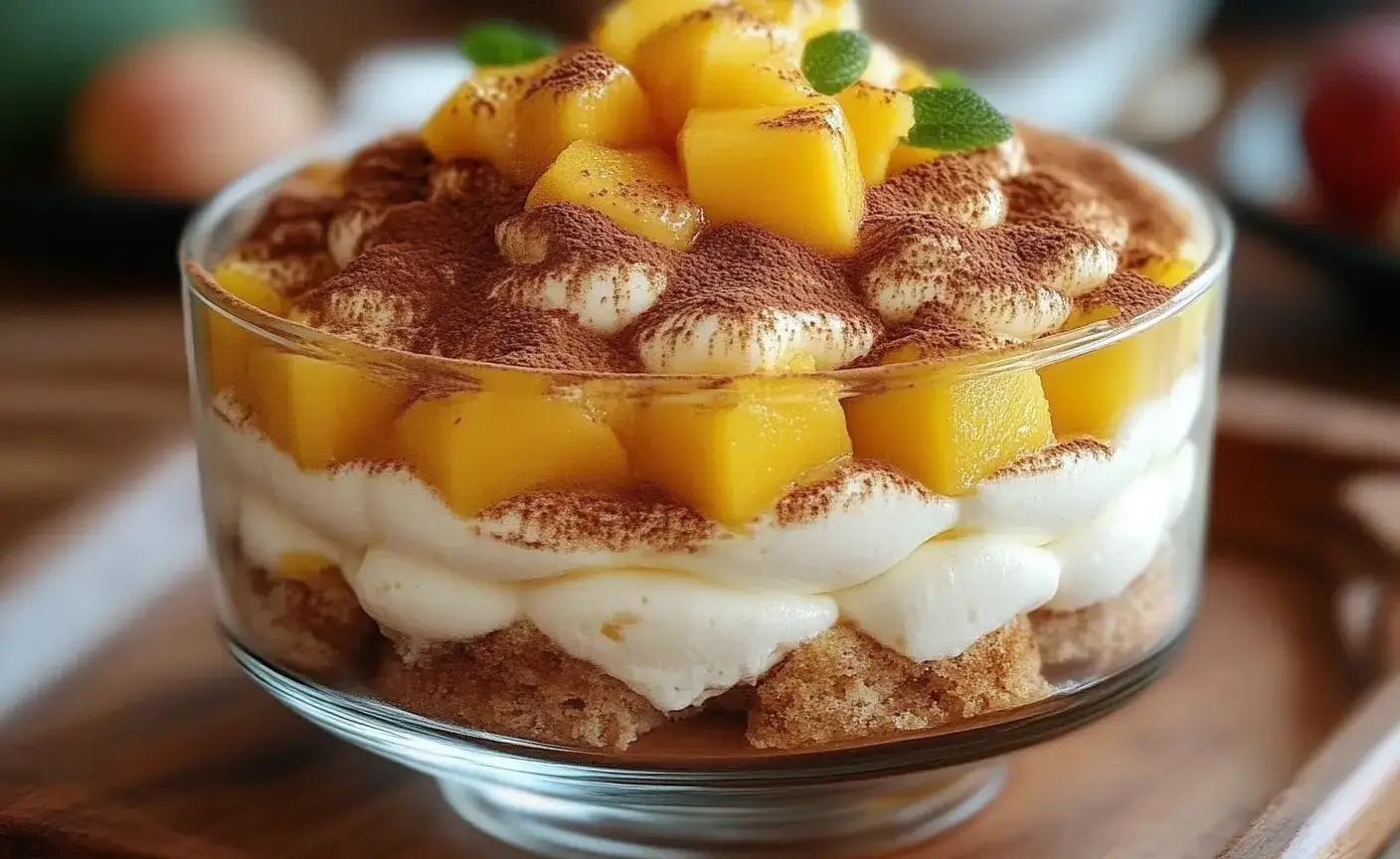 Tiramisu Mangue-Passion en verrine, décoré de cacao et fruits frais