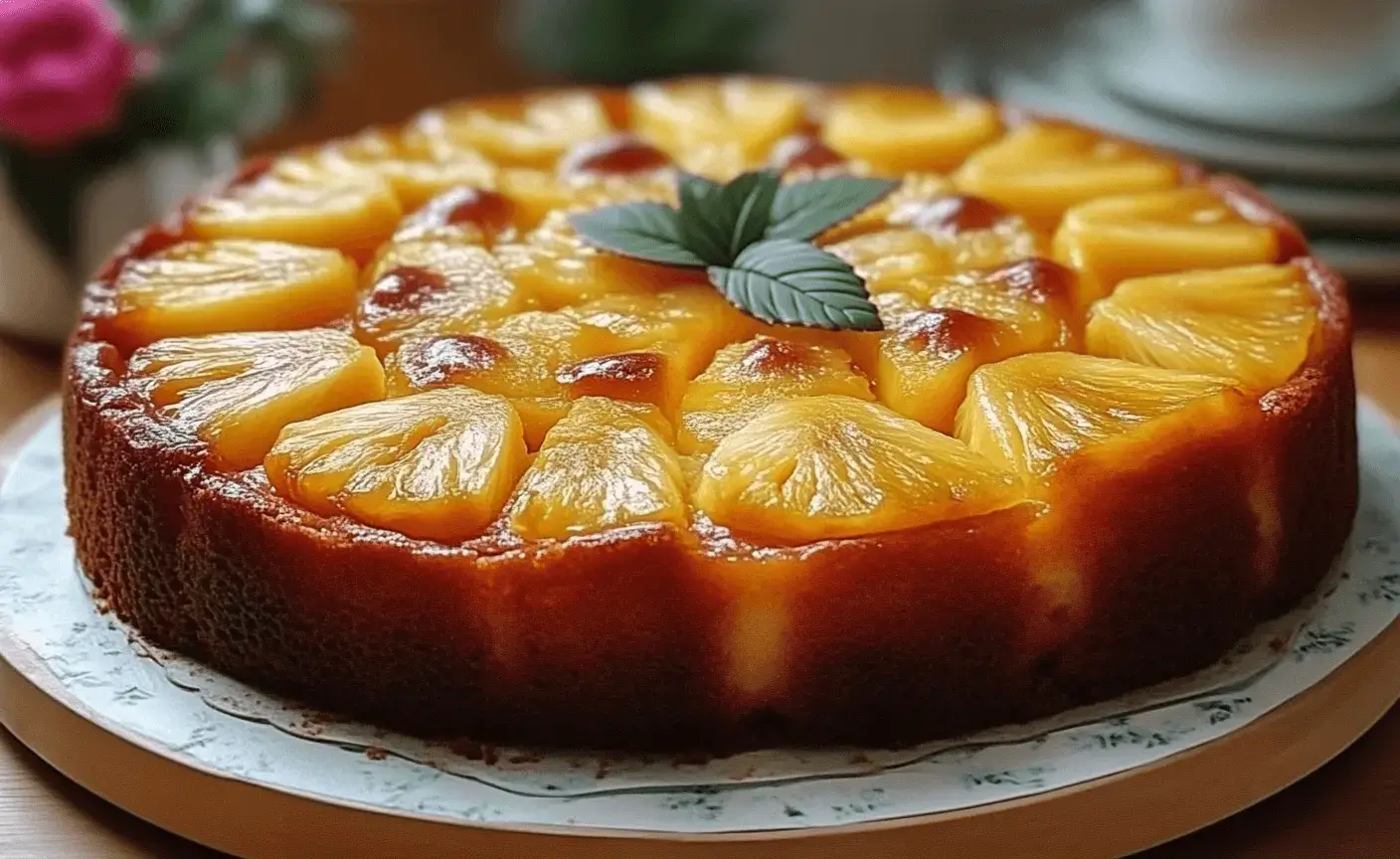 Tranche de cake à l’ananas maison, doré et moelleux, garni de chantilly à la noix de coco et décoré de morceaux d’ananas
